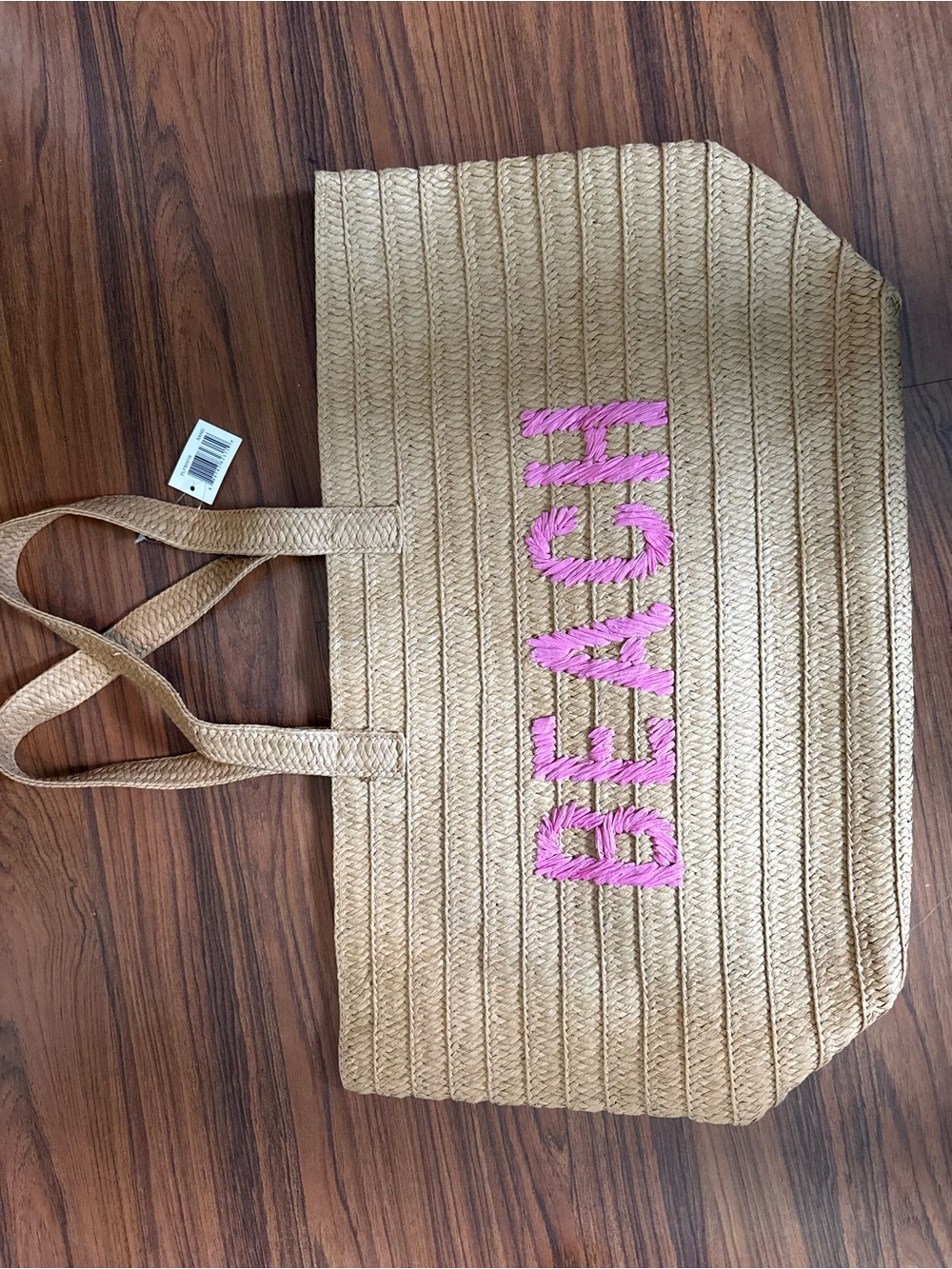 Beach Straw Tote Bag with Pink 'BEACH' Embroidery